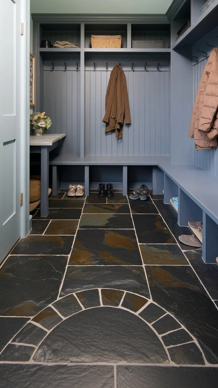 A textured, irregular dark slate tile floor anchors a practical mudroom complete with storage bench, coat hooks, and a small table, showcasing both style and functionality
