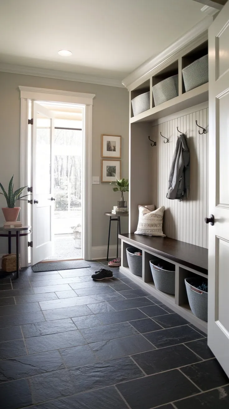 A functional and elegant mudroom boasts dark slate tile floors, enhancing its organized design with built-in storage and outdoor access.