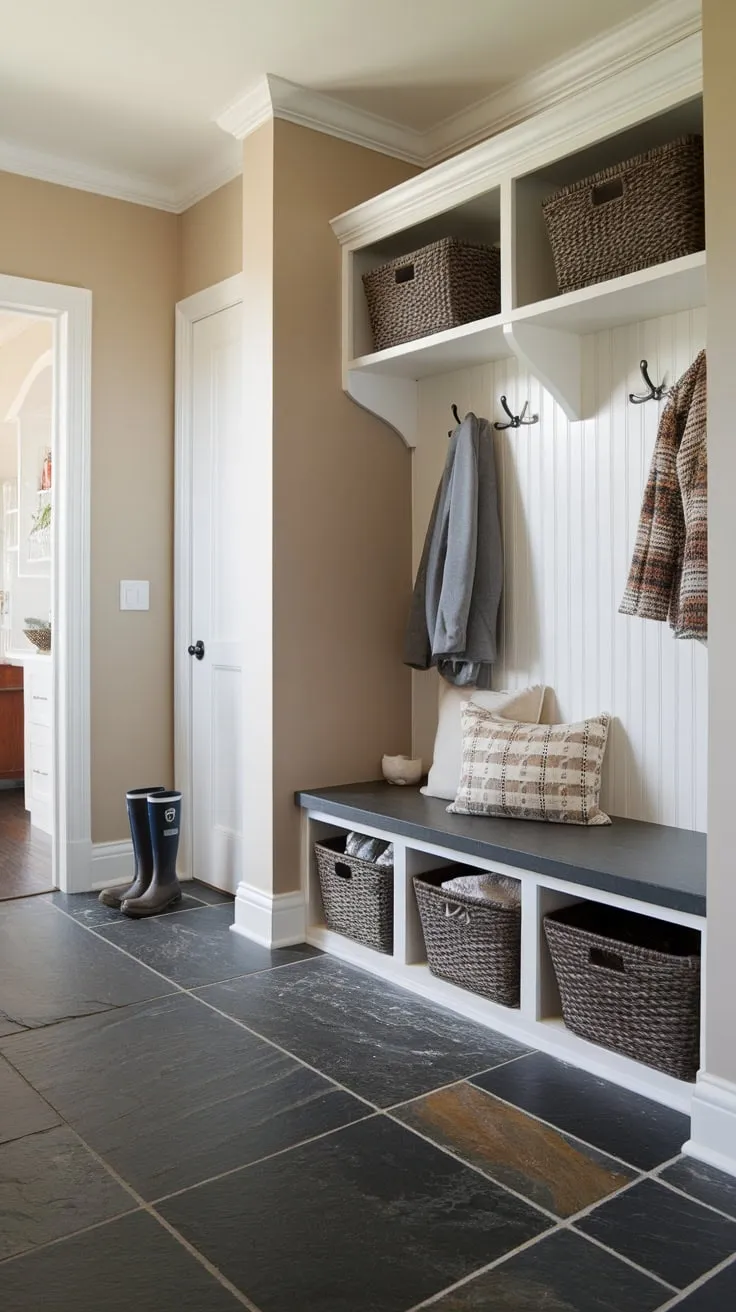 A beige-walled mudroom boasts dark slate tile flooring, perfect for withstanding the daily wear of boots and coats.