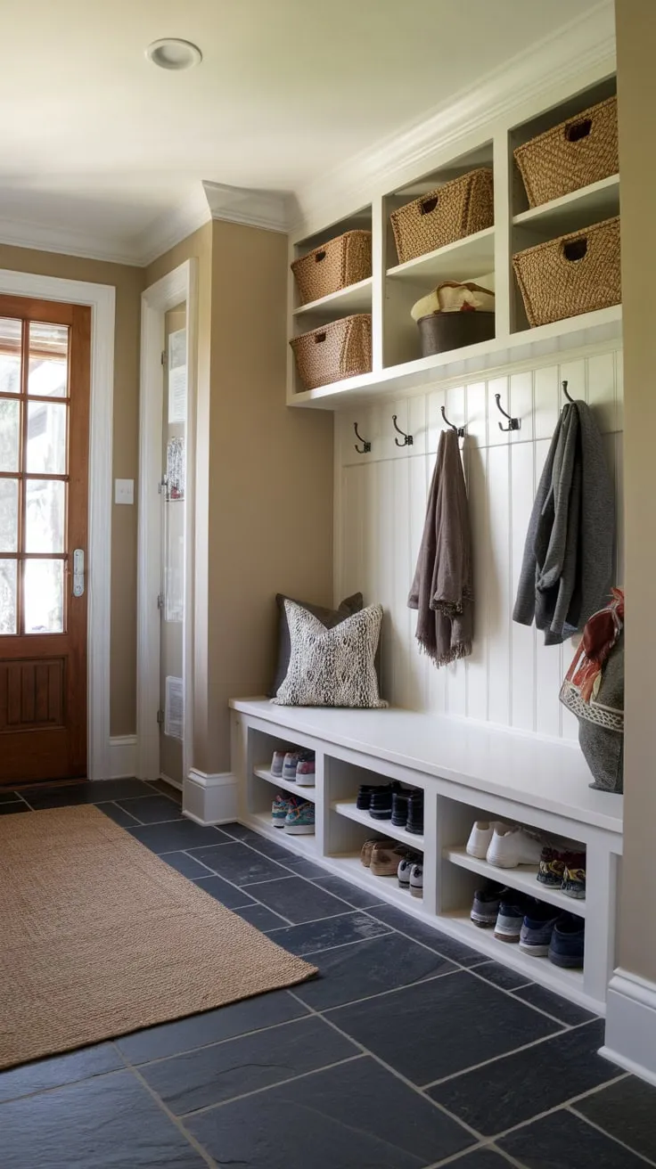 A stylish and functional mudroom boasts dark slate tile flooring, a built-in bench, and ample storage, complemented by a warm beige palette and a cozy rug.
