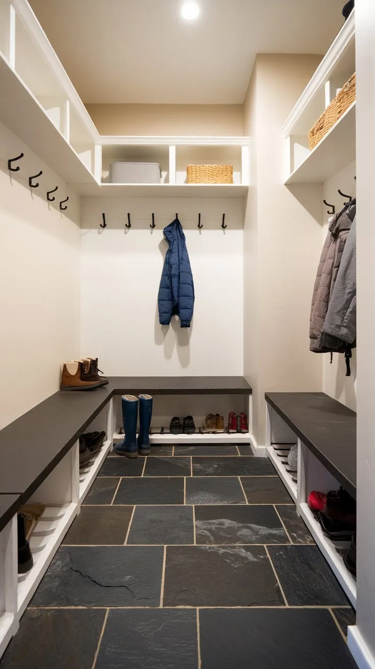 Durable dark slate tile flooring grounds a bright mudroom, perfectly complementing practical storage and everyday clutter.