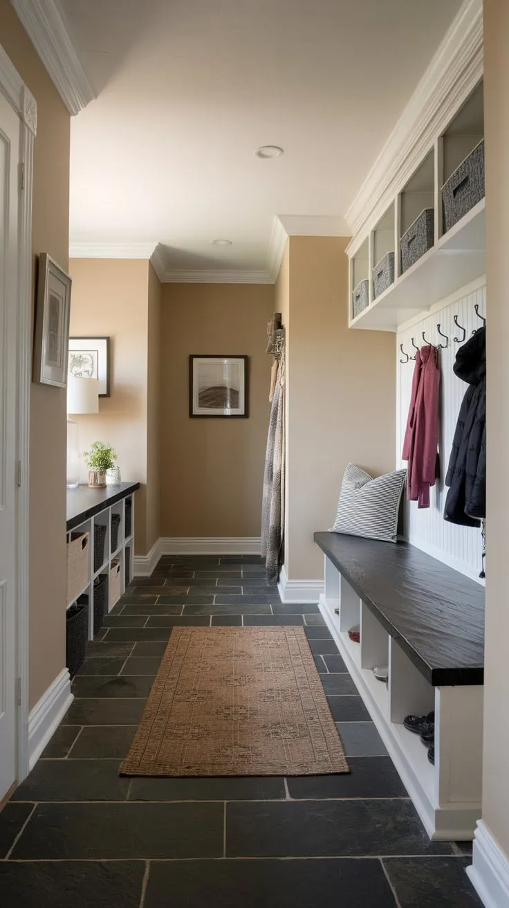 A functional and stylish mudroom boasts dark slate tile floors, a built-in bench with coat hooks and shelves, creating a welcoming entryway.