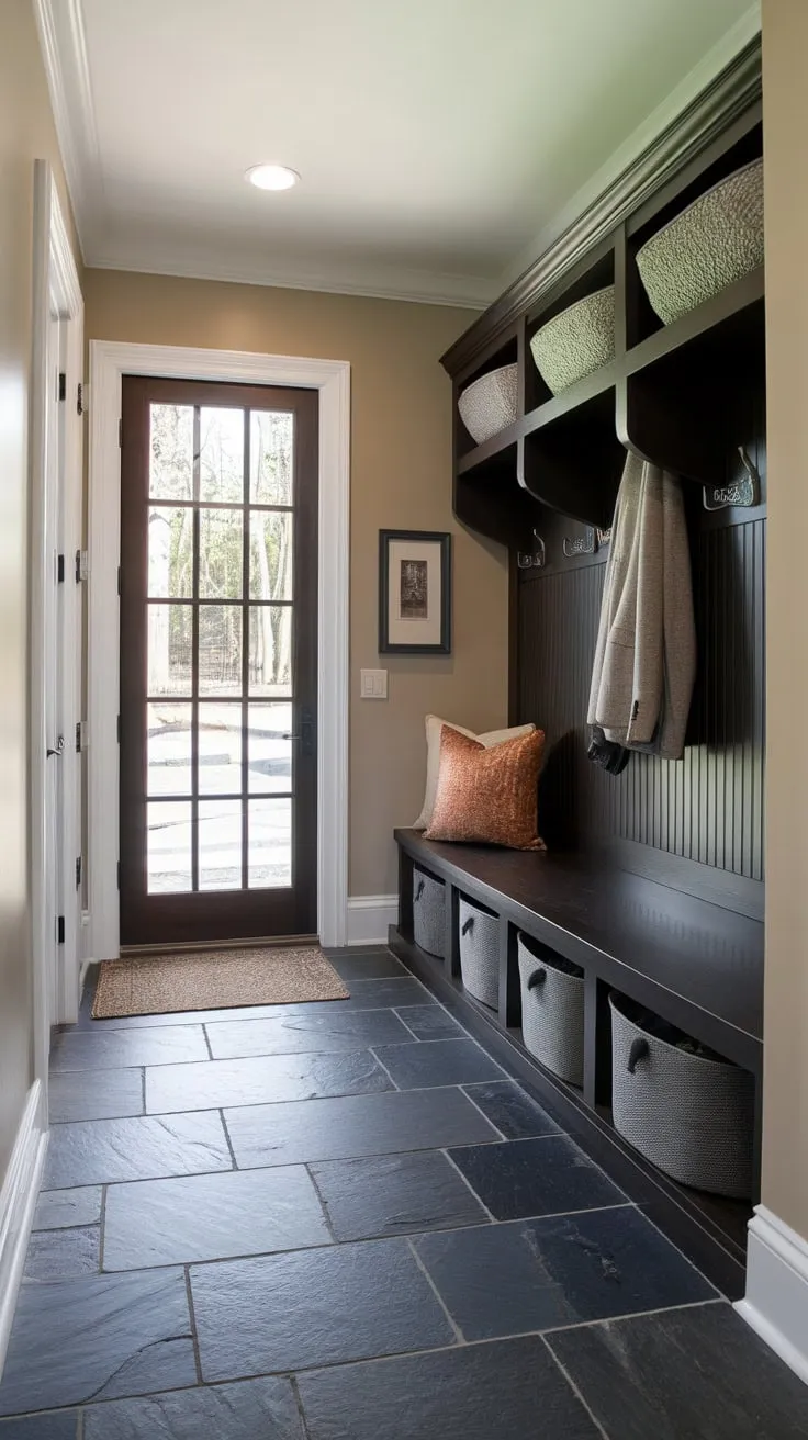 A dark slate tile mudroom floor provides a stylish and easy-to-clean foundation for a functional space with built-in storage and outdoor access.