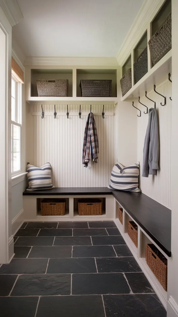 Dark slate tile flooring anchors a bright mudroom, complemented by practical storage and seating.
