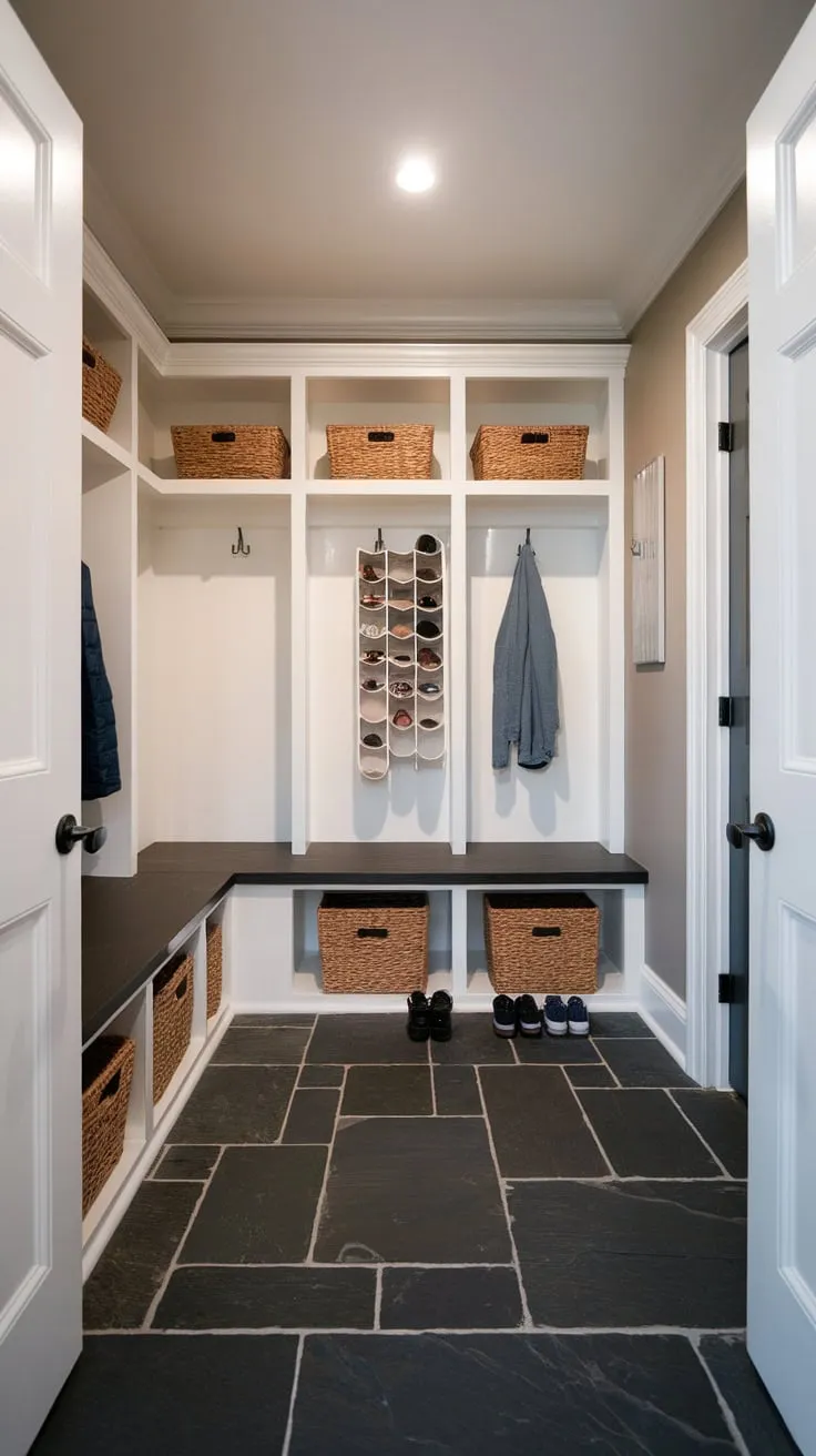 A dark slate tile mudroom floor anchors a bright space designed for efficient storage and easy cleanup of everyday clutter.