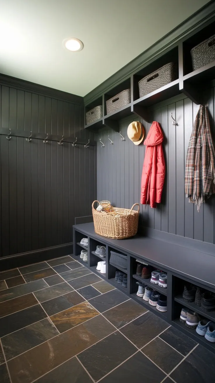 A dark slate tile mudroom floor anchors a stylish and functional space complete with storage bench and shoe basket.