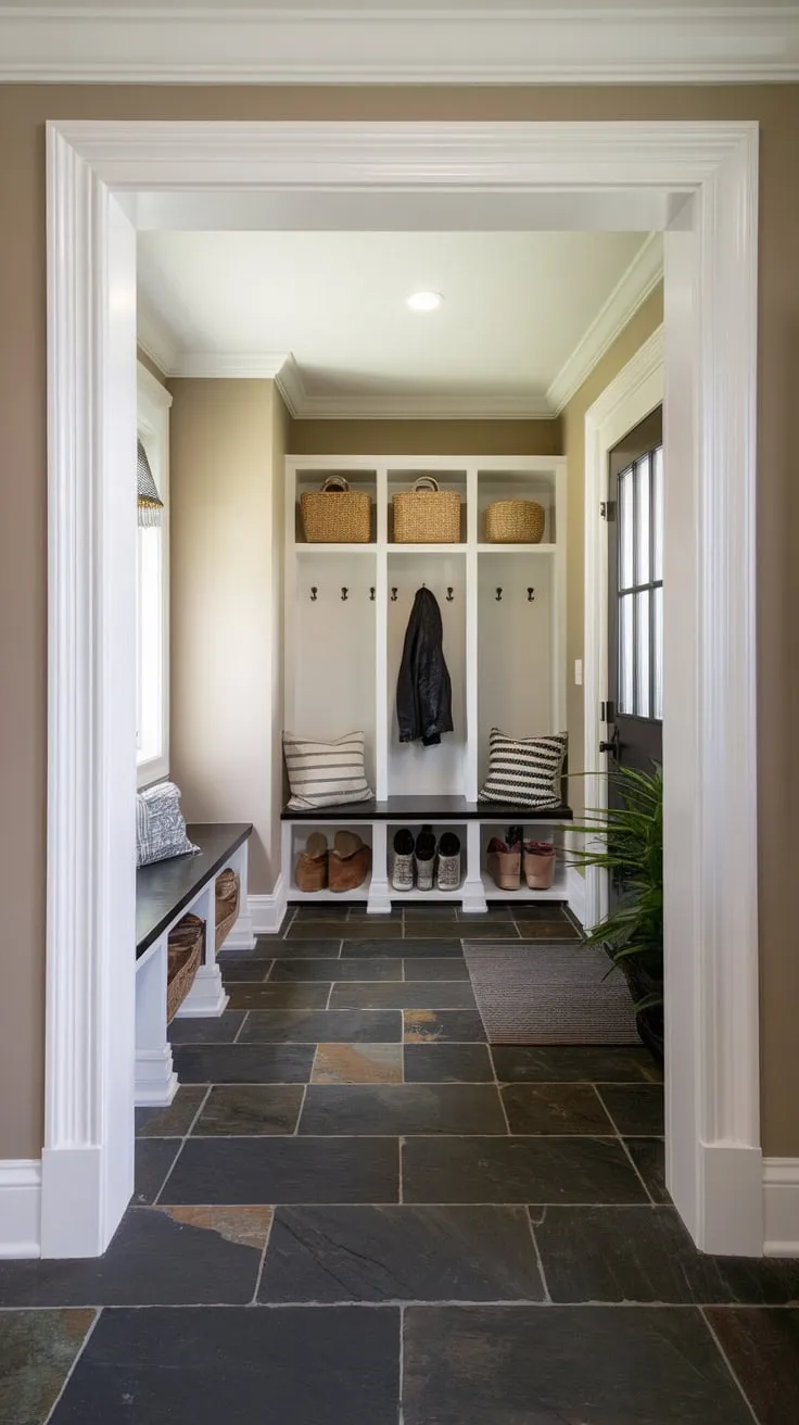 A stylish mudroom boasts dark slate tile flooring, ample storage, and bright lighting for a welcoming entryway.