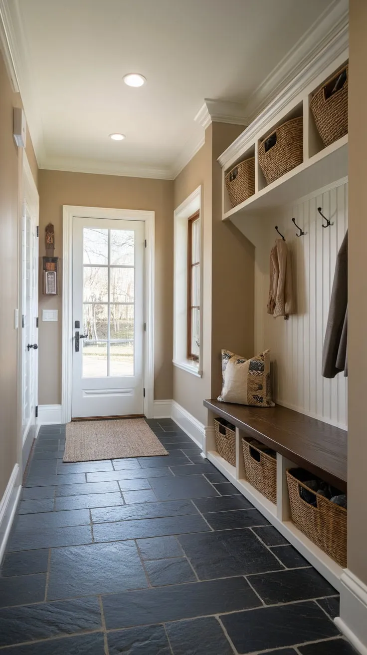 Durable dark slate tile flooring anchors a bright, functional mudroom complete with storage and outdoor access