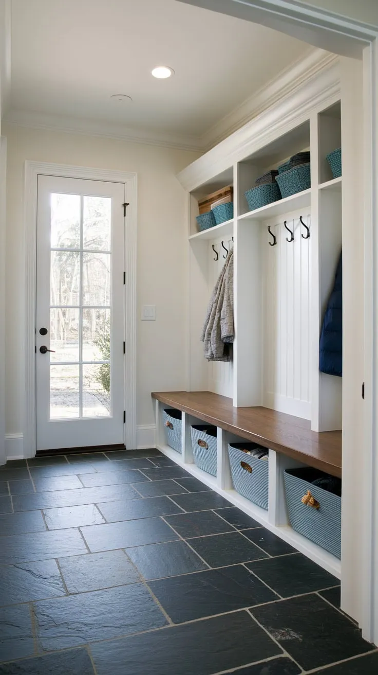 Durable dark slate tiles ground a functional mudroom featuring built-in storage and convenient hanging options.