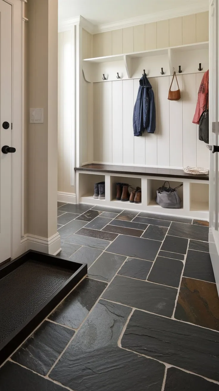 Durable dark slate tile flooring anchors a practical mudroom design featuring a boot tray, storage bench, and wall hooks for ultimate organization