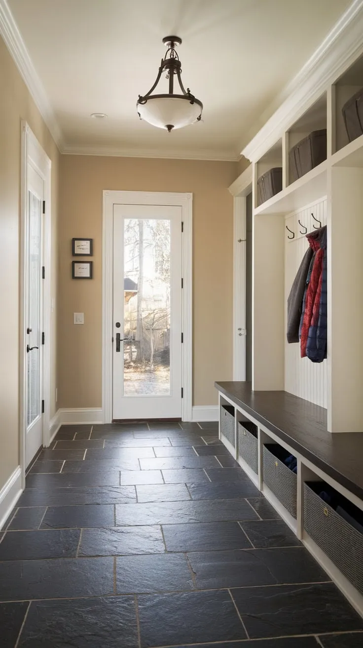 A stylish mudroom boasts dark slate tile floors, enhancing its functionality with ample storage and convenient outdoor entry.