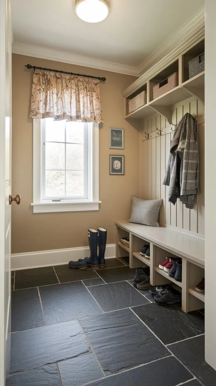 Durable dark slate tile provides a practical and stylish foundation for a bright mudroom, perfectly complementing coats, boots, and storage.