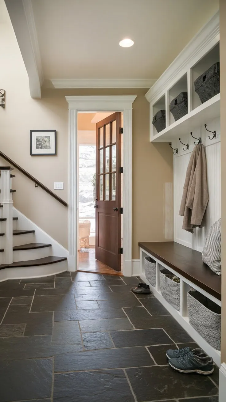 Durable dark slate tile flooring grounds a practical mudroom complete with storage and access to both outdoors and upstairs.