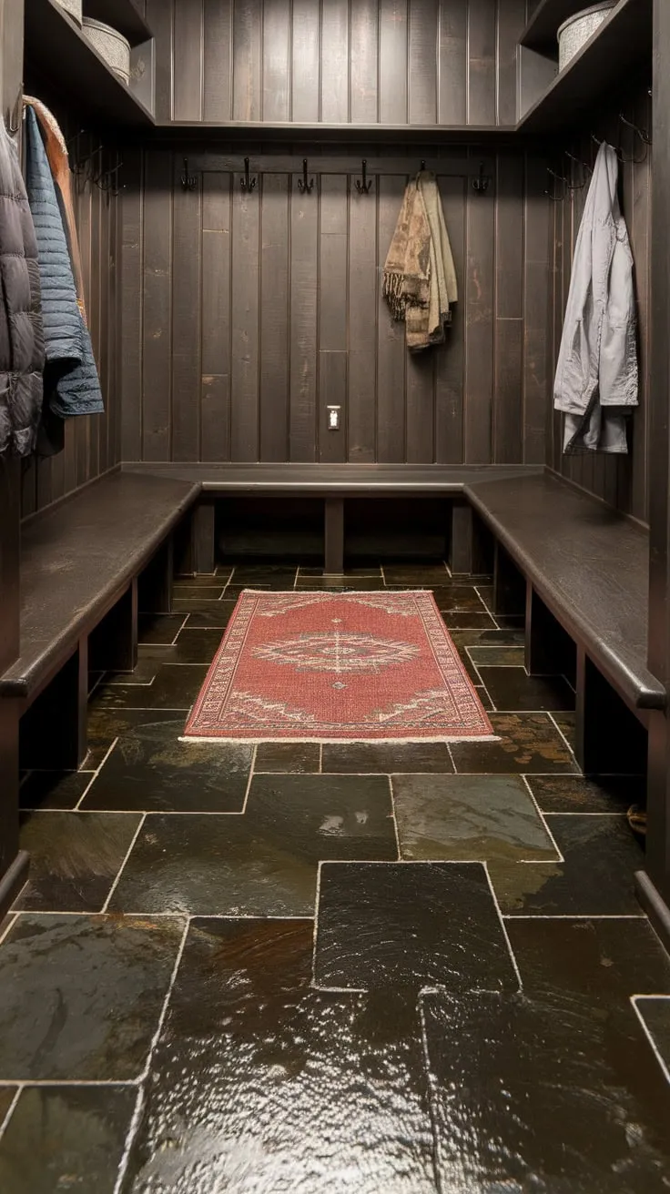 Durable dark slate tile, accented by a rug and practical storage, makes this mudroom a stylish yet functional entryway