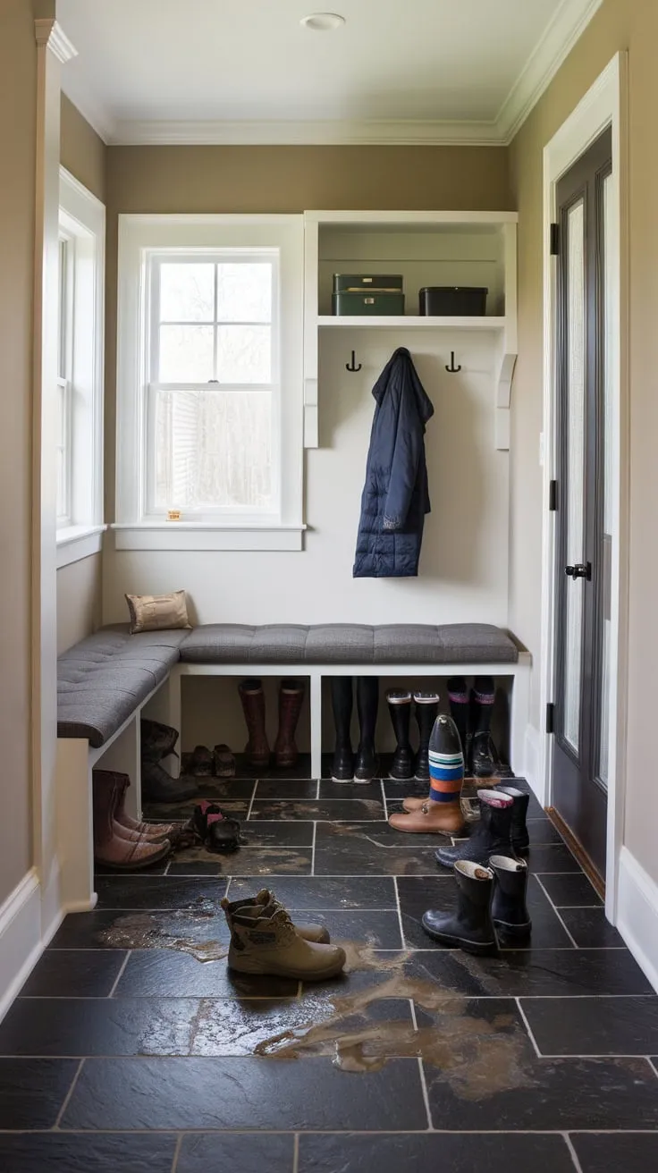 Durable dark slate tile bravely withstands muddy boots in this practical mudroom, complemented by a bench, coat rack, and shelf.