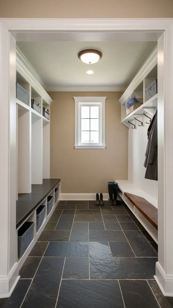 Dark slate tile provides a stylish and durable foundation for a well-organized mudroom, perfect for busy families.