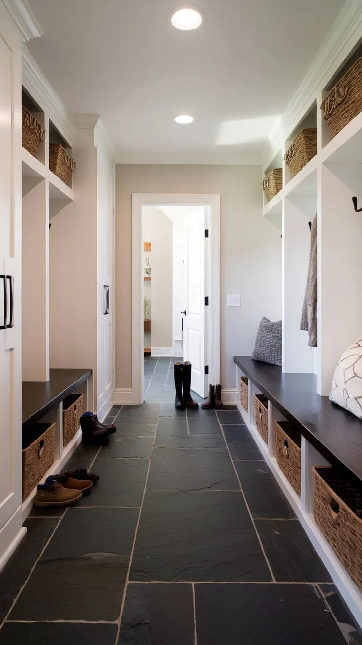 A dark slate tile mudroom floor provides a stylish and practical foundation for a bright space with ample storage.