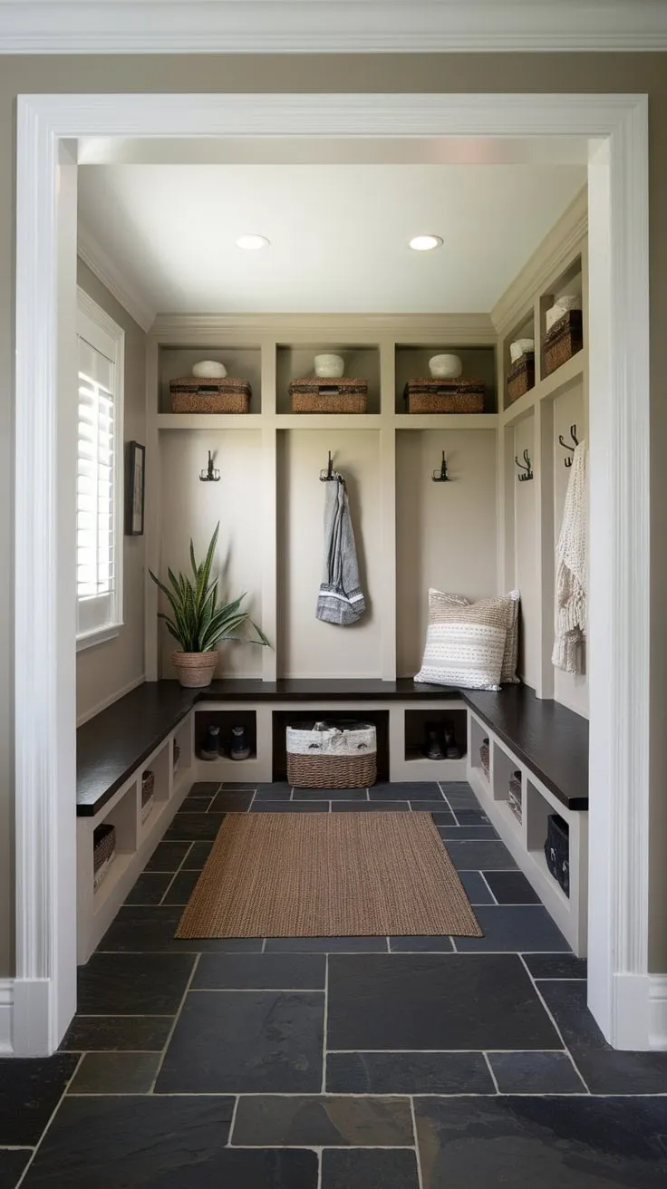 Brightly lit dark slate tile floors anchor a practical mudroom featuring a bench, shelving, and pops of color.
