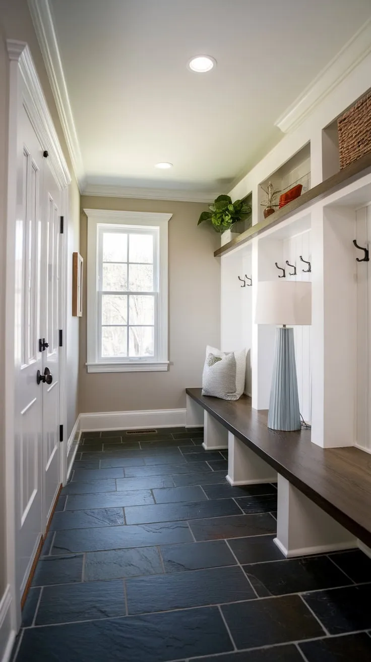 A stylish mudroom boasts dark slate tile flooring, contrasting beautifully with white walls and natural wood accents.