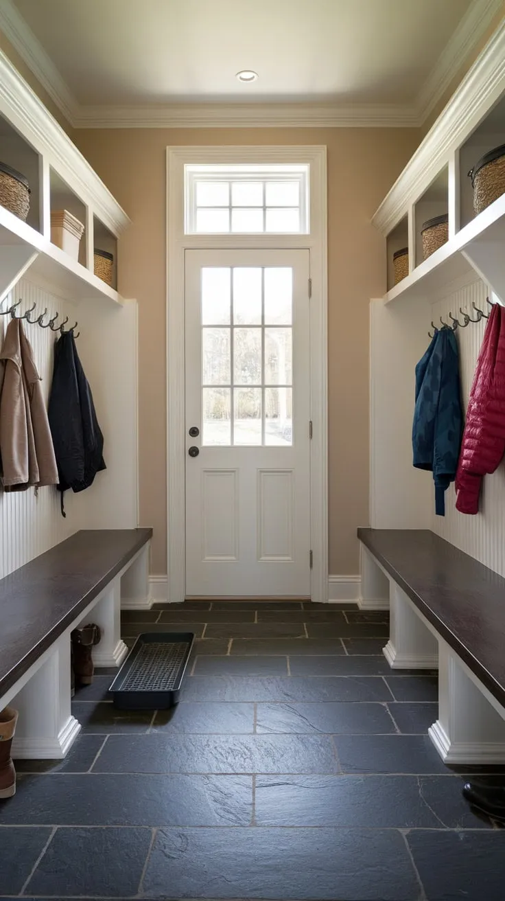 A stylish mudroom features dark slate tile flooring, providing a durable and elegant foundation for benches, hooks, and a boot tray.