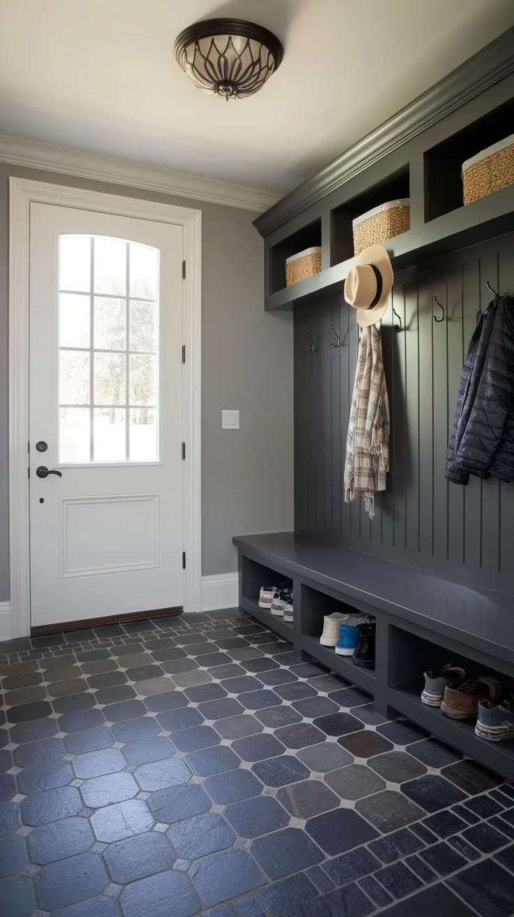 A stylish mudroom boasts dark slate tile flooring in a geometric pattern, complemented by a gray-walled bench and ample storage.