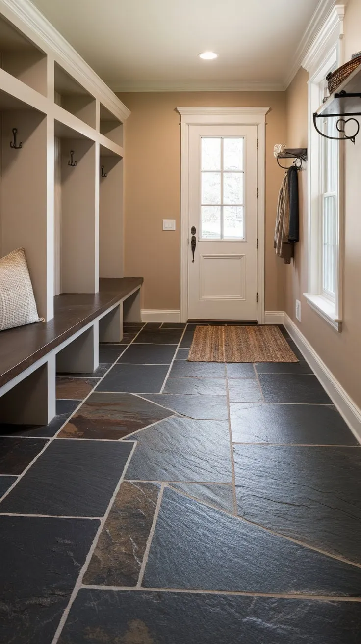 A textured dark slate mudroom floor, punctuated by lighter tiles and a welcoming rug, offers both beauty and practicality alongside storage and seating.