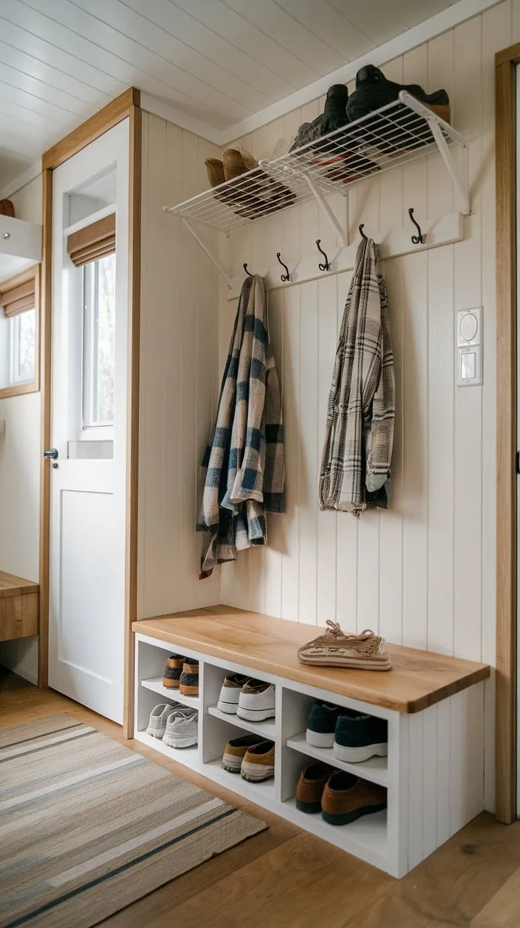 Maximize space and style in this tiny home entryway.  Clever foyer entryway storage solutions, including a bench with storage, wall-mounted shoe racks, and coat hooks, transform this mudroom hallway into a functional and charming entrance shoe and coat storage area.  This split entry shoe storage setup offers hall entryway ideas perfect for small spaces, showcasing ingenious entrance cubby ideas and mud room coat and shoe storage solutions.  The entryway with bench and hooks provides a welcoming feel, making this small entry room ideas inspiration for anyone seeking efficient organization in a tiny home entryway.
