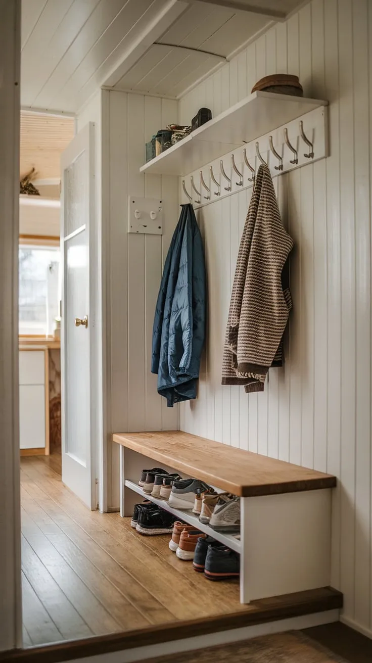 This charming tiny home entryway proves that big style doesn't require big space.  The cleverly designed mudroom hallway features a bench with integrated split entry shoe storage and coat hooks, maximizing entrance shoe and coat storage.  Additional wall hooks provide ample space, making it the perfect example of hall entryway ideas for small homes.  These entrance cubby ideas demonstrate how efficient mud room coat and shoe storage can be, even in a limited area.  The entryway with bench and hooks is a testament to thoughtful design, offering inspiration for small entry room ideas and showcasing the potential of a tiny home entryway.