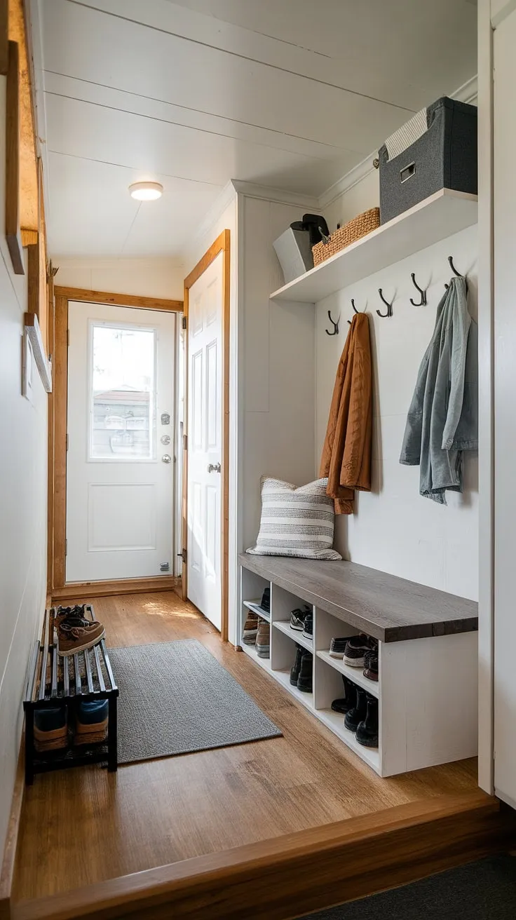 Maximize space and style in this tiny home entryway.  This mudroom hallway boasts clever foyer entryway storage solutions, including a split entry shoe storage system, a bench with hooks for coats, and shelves for extra organization.  Perfect hall entryway ideas for maximizing functionality in a small entry room.  Entrance cubby ideas don't get much better than this mud room coat and shoe storage setup.