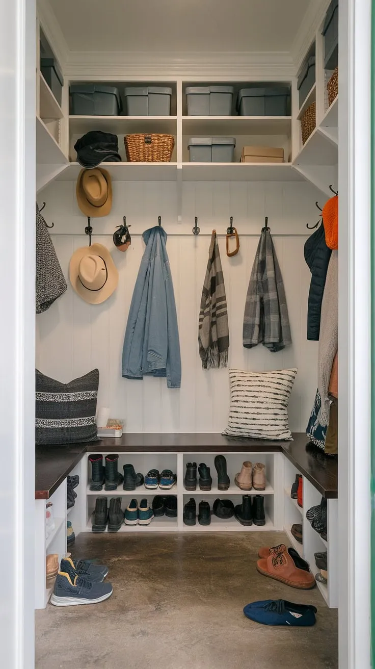 This cozy mudroom hallway, with its clever split entry shoe storage and ample hooks, is the perfect solution for a tiny home entryway.  The entryway with bench and hooks provides practical foyer entryway storage, making this entrance shoe and coat storage a dream.  Plenty of hall entryway ideas are incorporated into this small entry room, including the thoughtful entrance cubby ideas. This mud room coat and shoe storage system keeps everything organized and within easy reach.