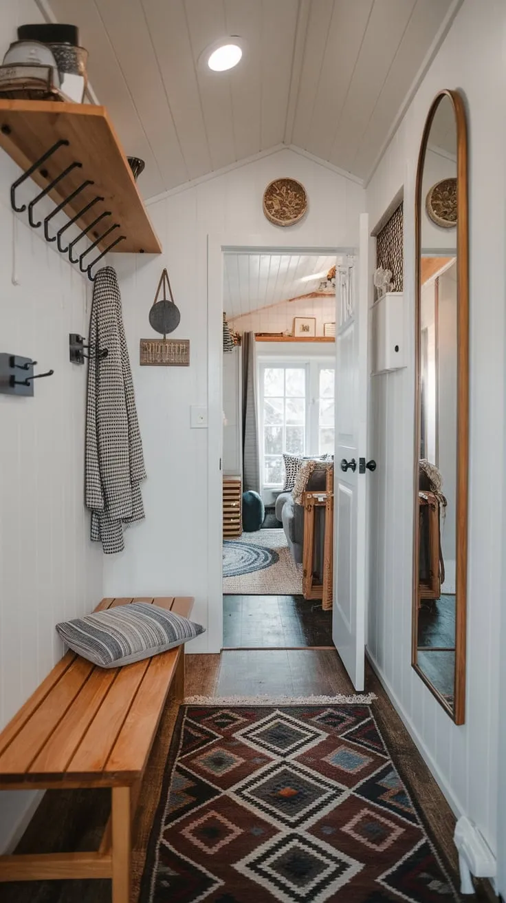 A charming mudroom hallway in a tiny home offers practical storage and stylish décor, welcoming guests with a cozy patterned rug and a convenient bench.