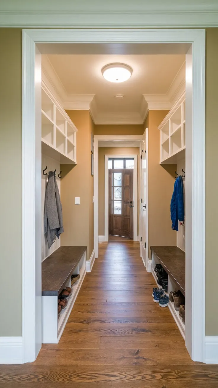 Beige walls and a ceiling light brighten this functional foyer entryway perfect for organizing coats and shoes.