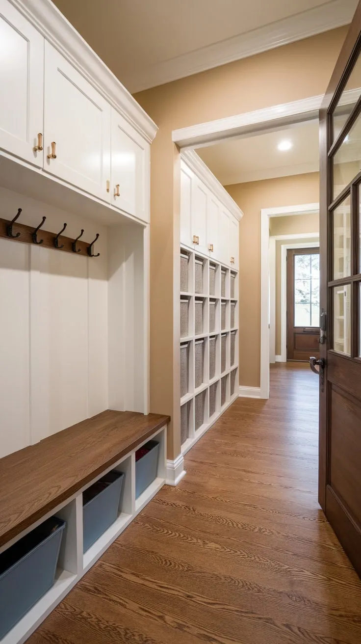 A bright mudroom hallway boasts a split-entry shoe storage system, bench seating with storage, and a coat rack, all enhancing organization and functionality.