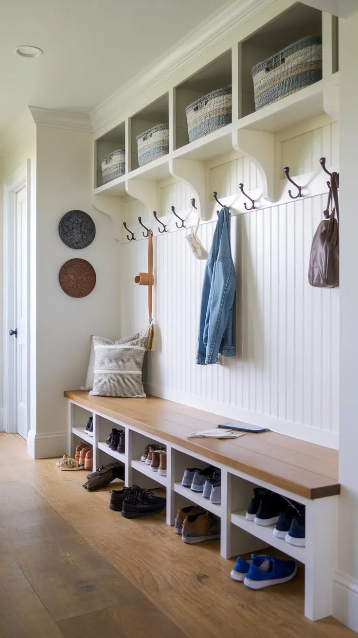 A functional yet stylish mudroom hallway features a bench, hooks, and split-level shoe storage, creating an organized entryway with rustic wooden floors.