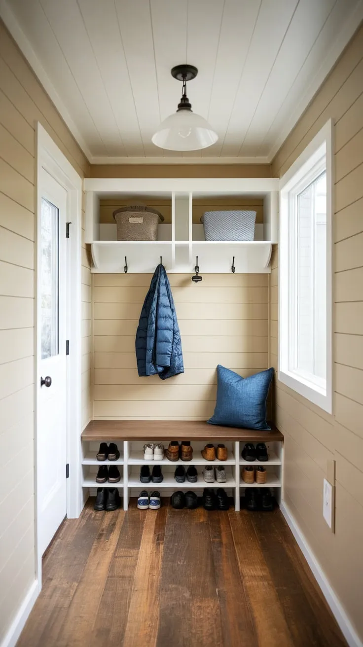 Maximize space and style in this compact mudroom hallway featuring split-entry shoe storage, a bench, and coat hooks within a cozy beige-walled haven.