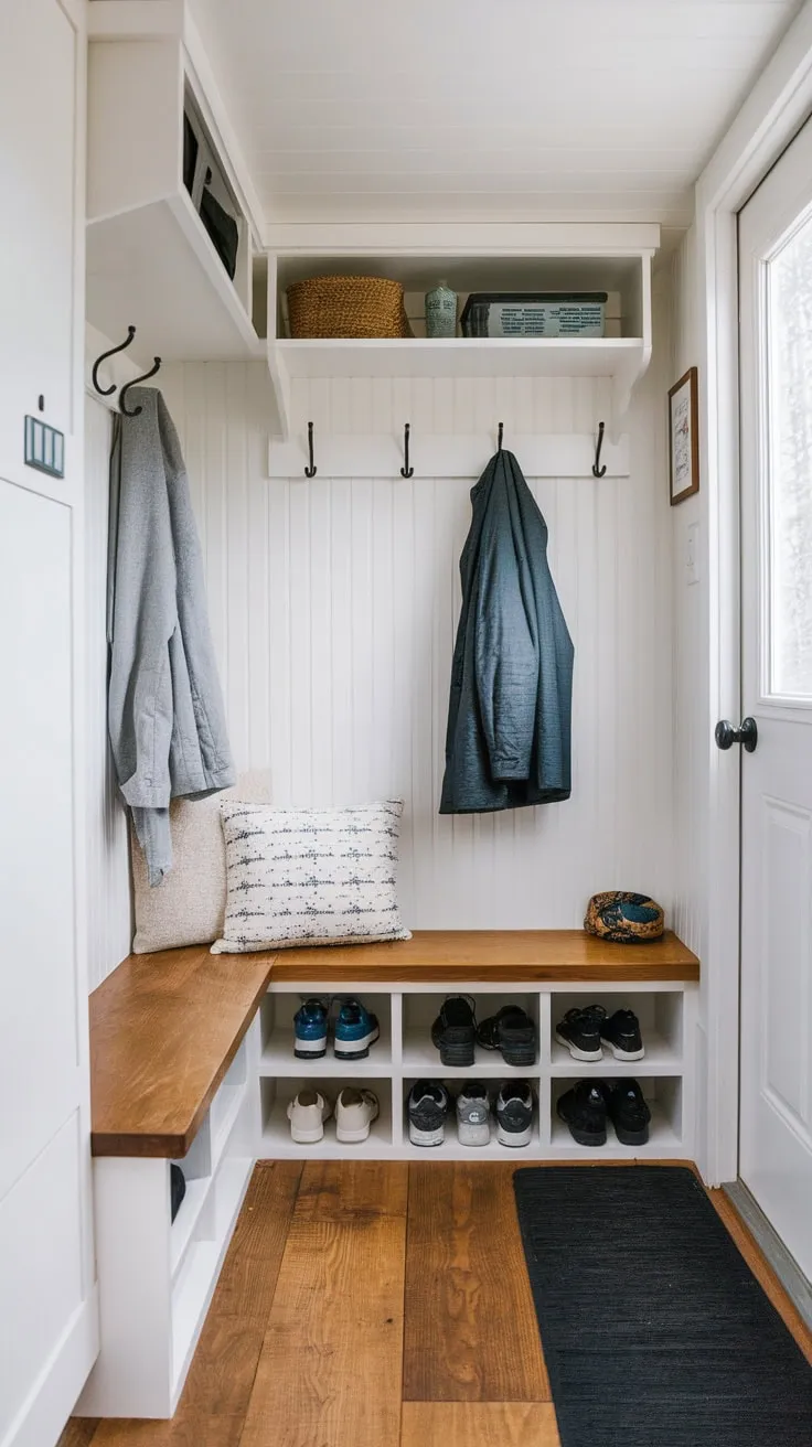 This compact mudroom hallway maximizes space in a tiny home with a bench, cubbies, and hooks for coats and shoes, all on a warm wood floor.