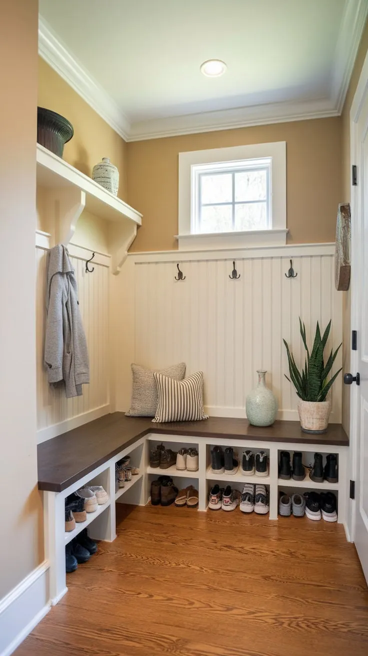 Hardwood floors and soft beige walls create a welcoming mudroom hallway featuring a bench, coat hooks, and clever split-entry shoe storage.