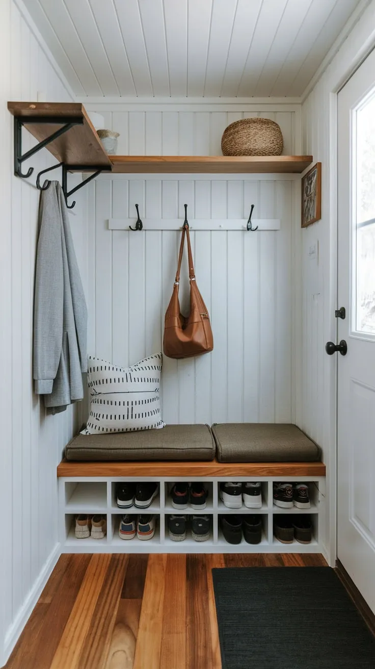 A tiny home's efficient mudroom hallway boasts a simple yet functional design with bench seating, ample storage, and a wooden floor.
