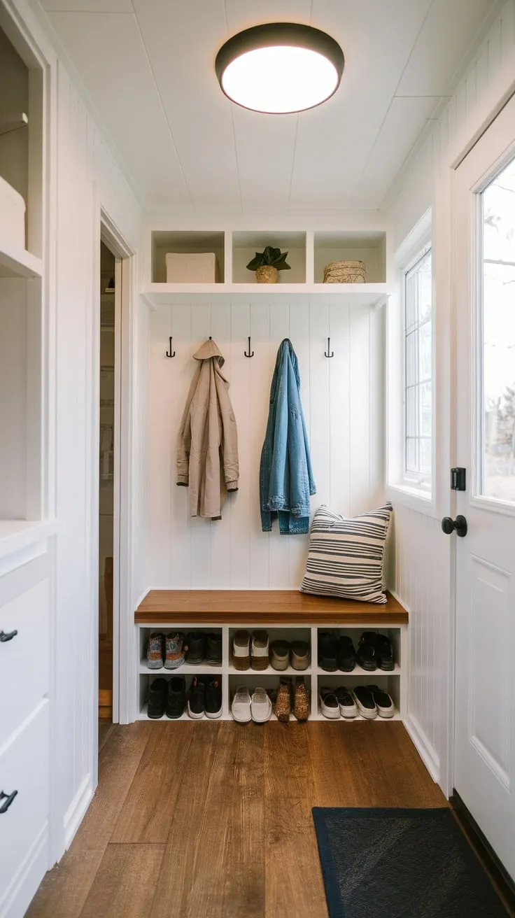 This tiny home's entryway boasts a well-lit mudroom hallway featuring a bench and abundant storage for coats and shoes in cubbies and on hooks.