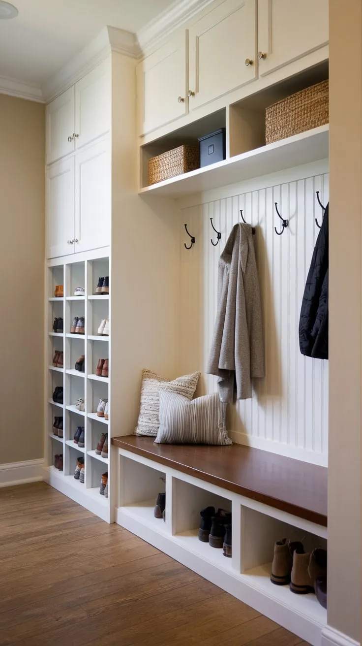 This efficient split-entry mudroom hallway maximizes space with a bench, overhead shelving, shoe storage, and coat hooks, all in a warm beige setting.
