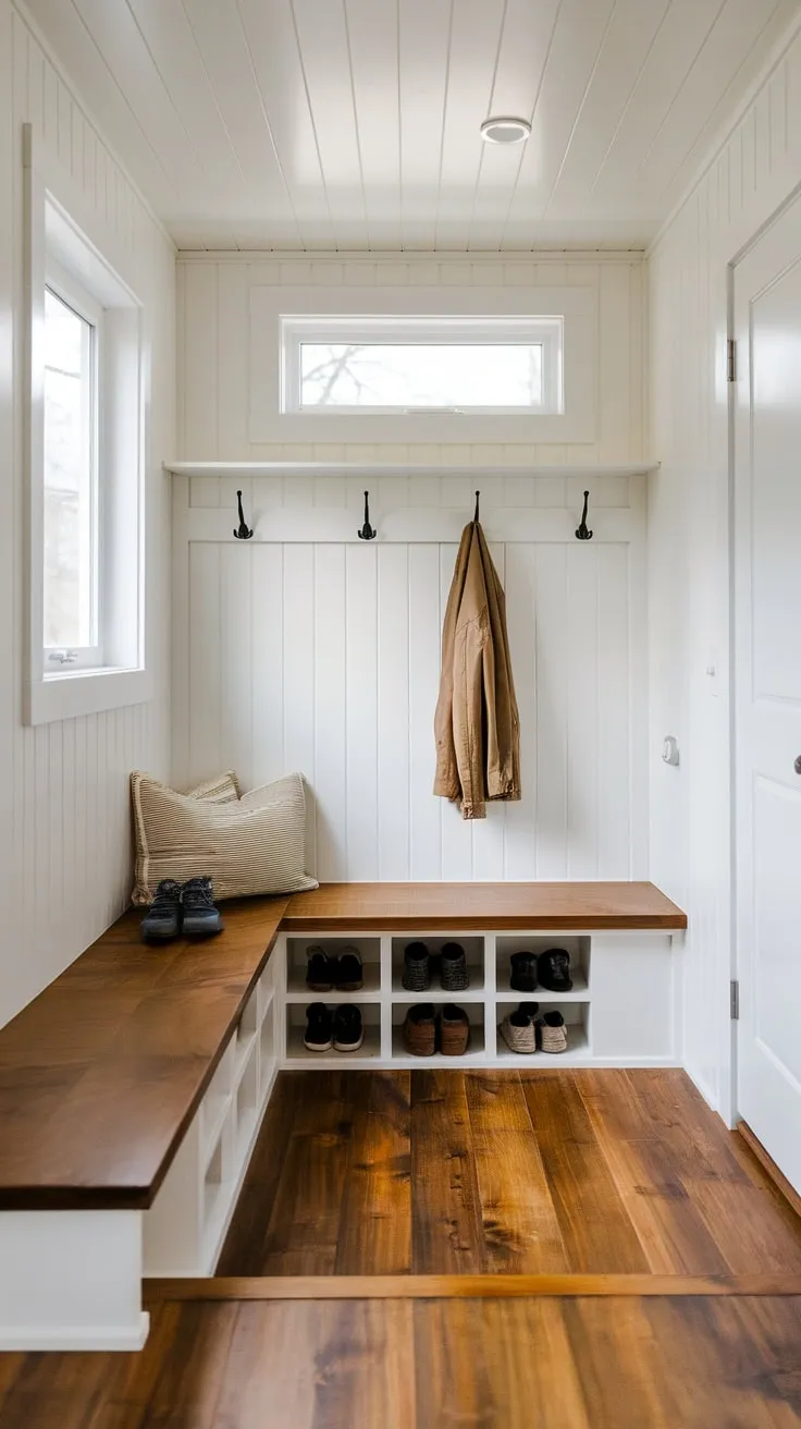 A tiny home's clever split-level mudroom boasts built-in storage, a welcoming bench, and natural light, maximizing space and functionality.