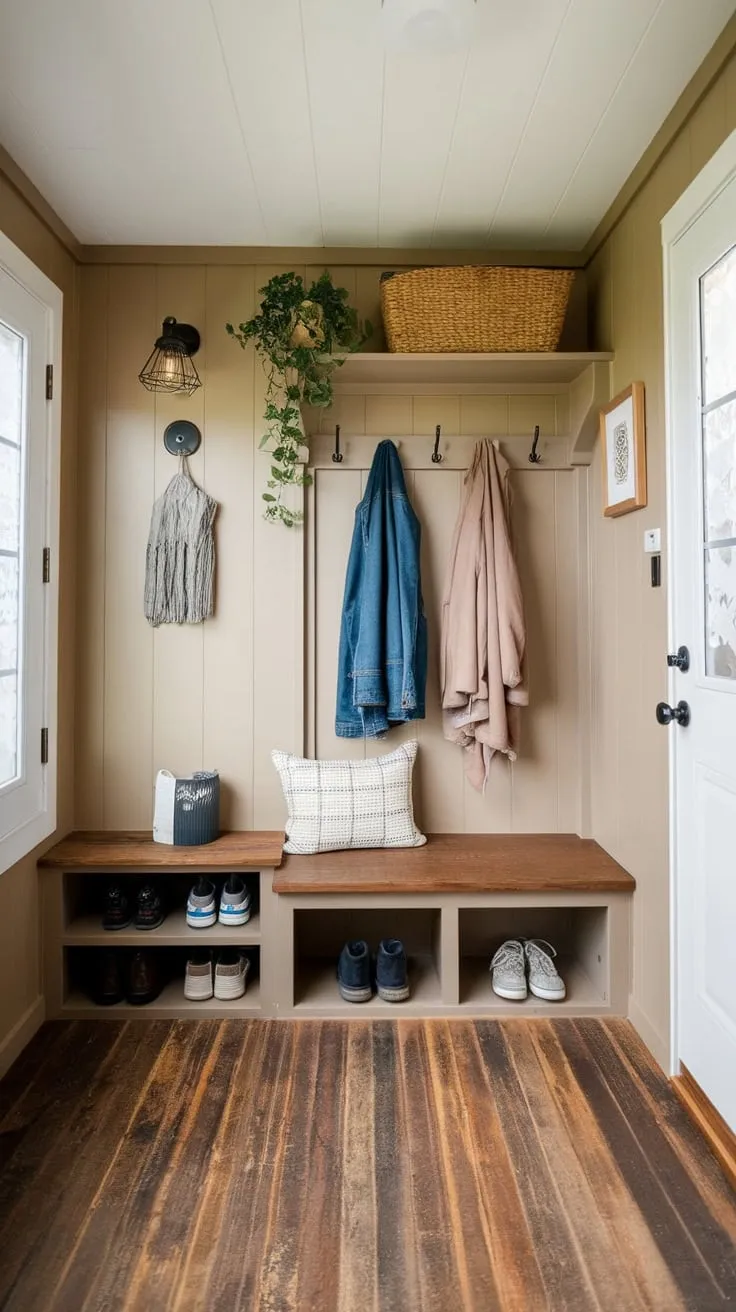This tiny home's mudroom hallway and foyer offer practical storage and stylish touches, perfectly blending functionality and charm in a compact space.