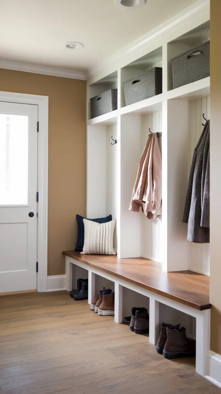 A bright mudroom hallway boasts split-entry shoe storage, a bench with cubbies and hooks, and a warm wooden floor against beige walls