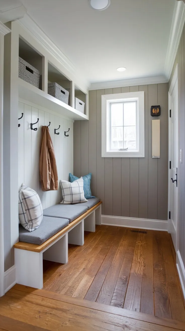 A bright grey mudroom hallway with a split entry, bench seating, ample storage, and wood flooring welcomes you home