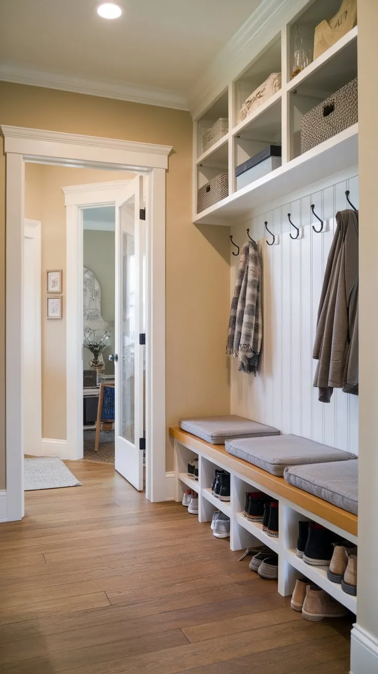 Warm beige walls and a wooden bench with storage create a welcoming and functional mudroom hallway perfect for family life.