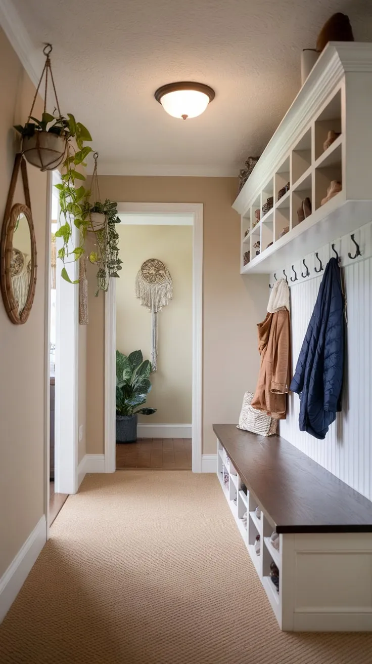A beige-carpeted mudroom hallway features practical split-entry shoe storage and a wooden bench with coat hooks, enhancing both functionality and style.