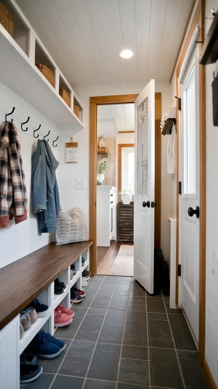 Maximize space and style in your tiny home with this clever mudroom hallway.  The foyer entryway storage, featuring split entry shoe storage and a bench with hooks, provides ample entrance shoe and coat storage.  This hall entryway idea, complete with entrance cubby ideas, showcases how even a small entry room can be both functional and charming.  Mud room coat and shoe storage has never been so efficient!