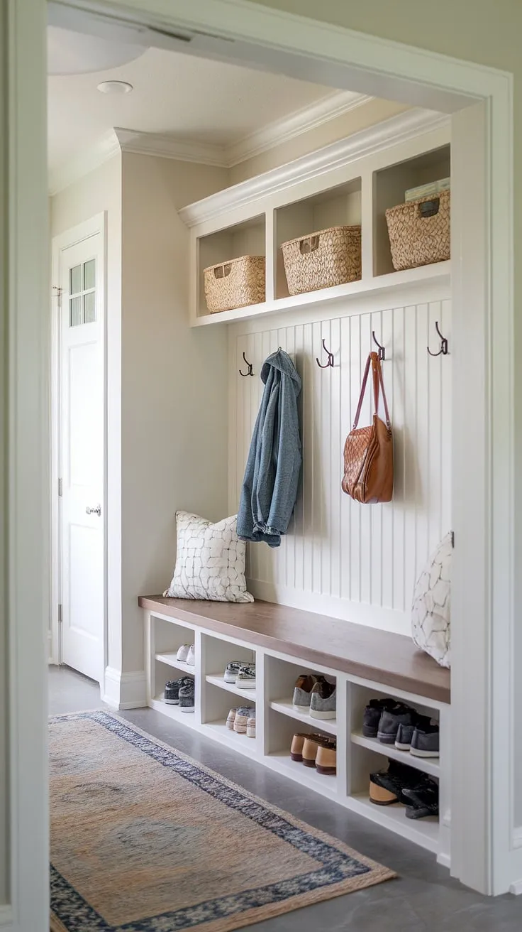 This bright and welcoming mudroom hallway, perfect for a split-level home, offers clever foyer entryway storage solutions.  The entryway with bench and hooks, plus entrance cubby ideas, maximizes space for mud room coat and shoe storage, making it ideal for even a tiny home entryway.  Practical and stylish, it showcases smart split entry shoe storage solutions and hall entryway ideas.