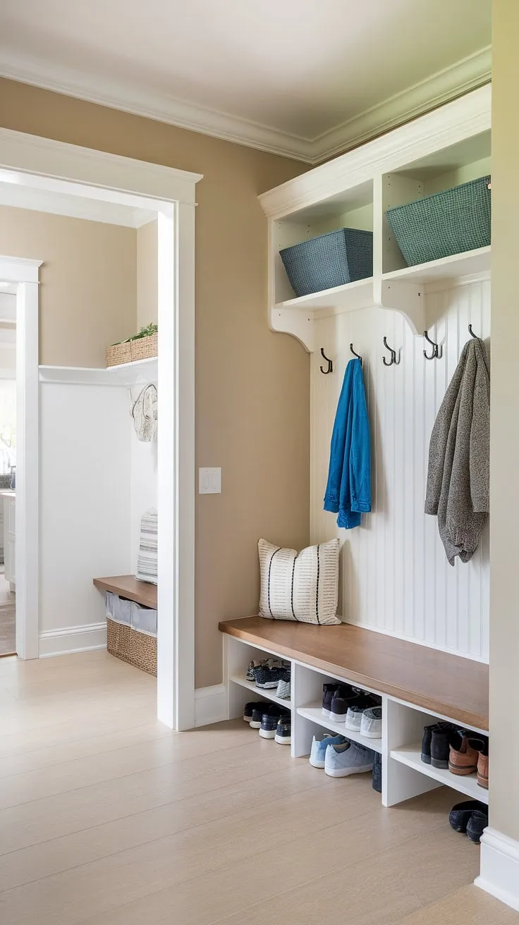Organized chaos is a thing of beauty! This mudroom hallway, with its clever split entry shoe storage and foyer entryway storage, makes a stylish statement.  The entrance shoe and coat storage solutions, including the entryway with bench and hooks, are perfect for a busy family.  Small entry room ideas like this maximize space, proving that even a tiny home entryway can be both functional and chic.  Hall entryway ideas don't get much better than this blend of form and function.  Mud room coat and shoe storage has never looked so good.  Entrance cubby ideas are elevated to a whole new level.
