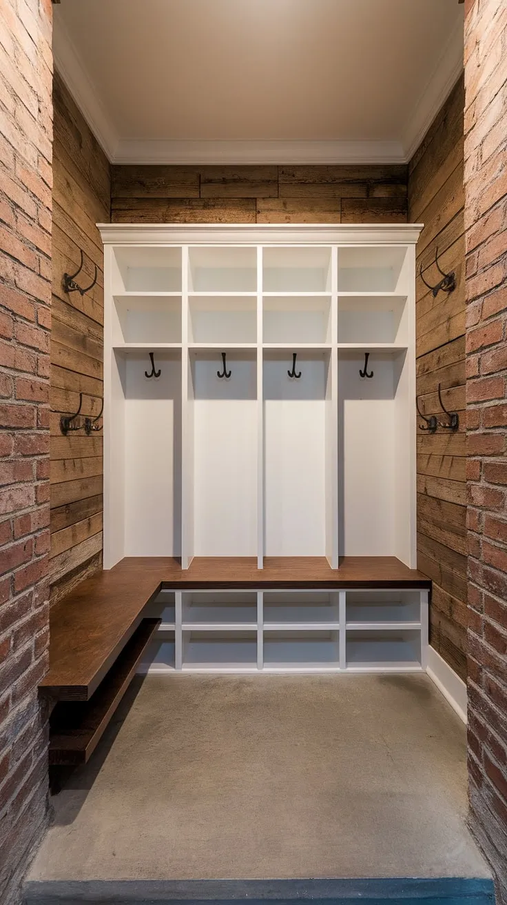 This mudroom hallway's split entry shoe storage system maximizes space and style.  The foyer entryway storage, complete with a bench and hooks, offers practical entrance shoe and coat storage solutions.  Perfect hall entryway ideas for a tiny home entryway, this design showcases clever entrance cubby ideas and mud room coat and shoe storage in a small entry room.
